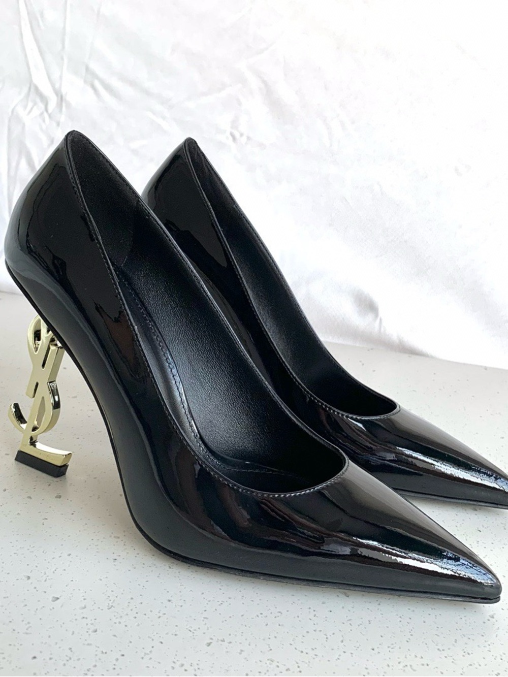 Saint Laurent Black Patent Leather Pumps with Gold YSL Sculpted Heel